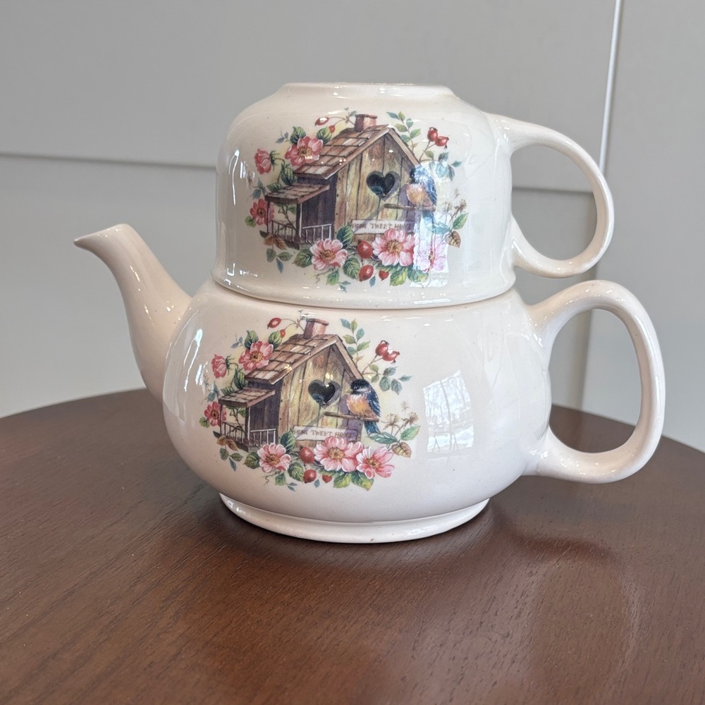 Tea for one. Floral Birdhouse Teapot Stacking Set